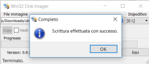 win32DiskImager_scrittura_eseguita_con_successo